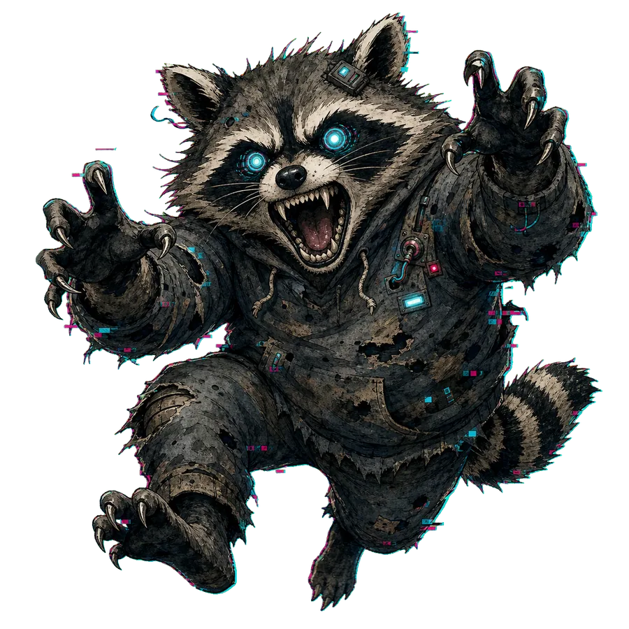 Randy the haunted racoon bot baring his teeth and lunging forward.