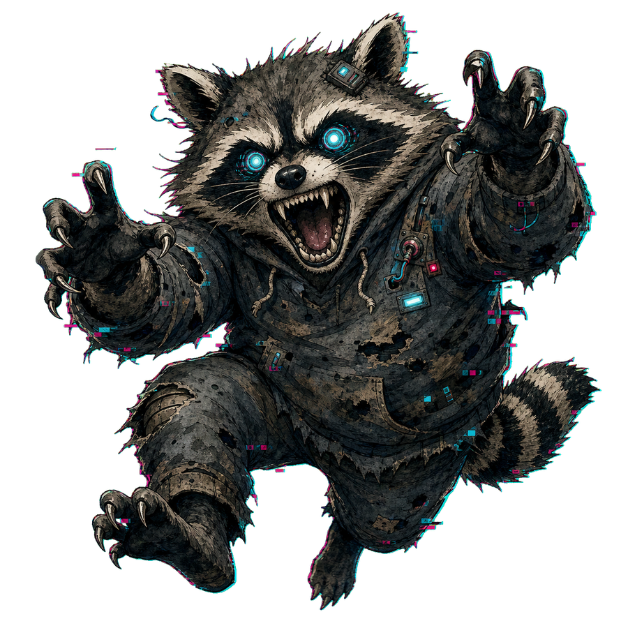 Randy the haunted racoon bot baring his teeth and lunging forward.