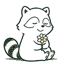 Raccoon holding a flower.