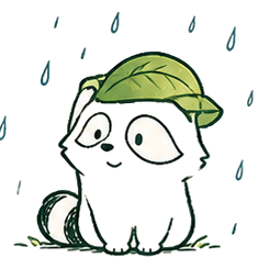 Raccoon wearing a leaf hat in the rain.