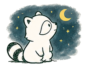 Raccoon under a moon and night sky.