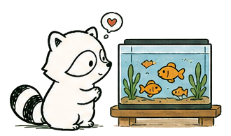 Raccoon looking into a fish tank.