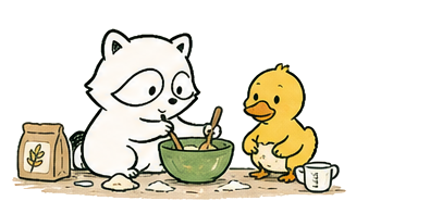 Raccoon baking with a duck.