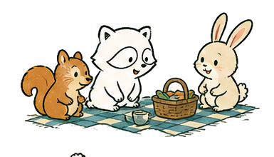 Raccoon at a picnic with friends.