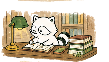 Raccoon writing in a library.